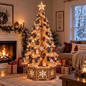 Puede incluir: Un árbol de Navidad de madera hecho de tablones apilados, iluminado con luces cálidas y decorado con adornos rojos y plateados, piñas y copos de nieve blancos. Una estrella brillante corona la punta y la base presenta recortes de copos de nieve.