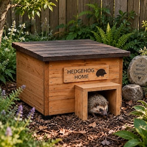May include: A wooden hedgehog home with a dark brown roof and a light brown body. A rectangular plaque on the front reads HEDGEHOG HOME with a hedgehog silhouette. A live hedgehog is positioned inside the entrance of the wooden structure.