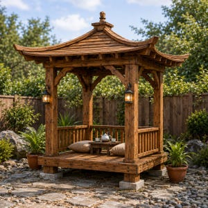 May include: A wooden gazebo featuring a traditional East Asian-inspired curved roof design, four sturdy support posts, and a raised platform floor. Two black metal lanterns are mounted on the front posts, and a small table with tea set sits inside.
