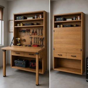Könnte beinhalten: Ein hellbrauner, wandmontierter Arbeitsplatz aus Holz mit klappbarer Schreibtischfläche, einer Lochwand mit verschiedenen Handwerkzeugen, zwei Schubladen und offenen Regalen. Die Einheit ist in offener und geschlossener Position abgebildet.