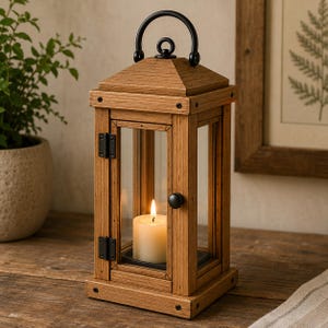May include: A rectangular wooden lantern with clear glass panels, a black metal handle, and black hinges. The lantern features a hinged door with a small black knob and contains a single white pillar candle with a lit flame inside the frame.