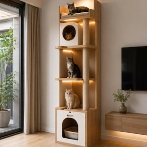 Pode incluir: Uma árvore para gatos alta de vários níveis feita de madeira clara com iluminação LED integrada, um poste arranhador vertical de sisal, dois cubículos fechados com aberturas circulares e várias plataformas de descanso, ocupada por quatro gatos.