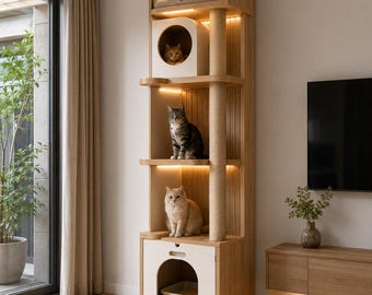 Modern Cat Tower Hidden Litter Box Plans | Woodworking DIY Furniture (PDF Download)