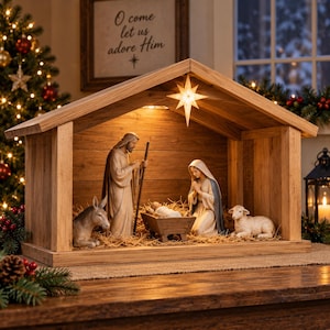 May include: A wooden nativity set featuring figurines of Joseph, Mary, and the infant Jesus in a manger, accompanied by a donkey and a lamb. The scene is housed in a rustic wooden stable structure with a lit star hanging from the roof peak.