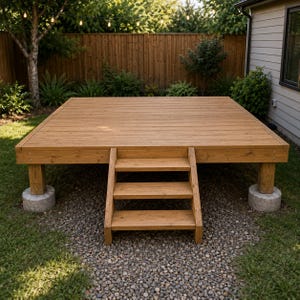 May include: A square, elevated wooden deck platform featuring horizontal planking and a set of three integrated wooden steps leading up to the surface. The structure is supported by four thick wooden posts resting on circular concrete foundation blocks.
