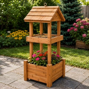 Könnte beinhalten: Eine hohe, hellbraune Holzkonstruktion mit einem quadratischen Pflanzkasten, der mit leuchtend rosa, roten und gelben Blumen gefüllt ist. Darüber befindet sich eine offene Futterplattform mit Samen und ein Spitzdach mit einem Metallring.