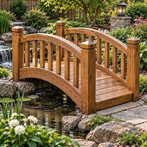 Può includere: Un ponte da giardino in legno curvo con balaustre verticali e quattro pali quadrati con tappi a piramide. Il ponte è costruito in legno marrone tinto con venature visibili, che attraversa un piccolo stagno con bordi rocciosi.