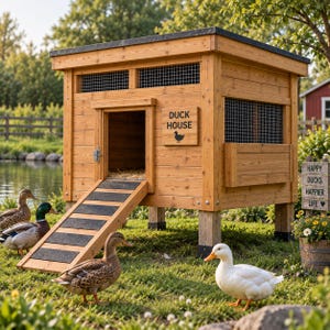 Könnte beinhalten: Ein Entenhaus aus Holz mit Flachdach, einer Rampe mit schwarzen rutschfesten Streifen und Lüftungsgittern aus Draht. Ein Schild an der Vorderseite trägt die Aufschrift DUCK HOUSE mit einem Entensymbol. Die Konstruktion steht auf vier Beinen.