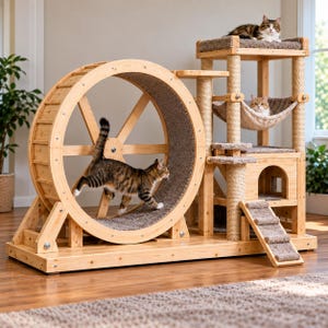 May include: A large wooden cat activity centre featuring a circular exercise wheel with a carpeted interior, a multi-level tower with sisal-wrapped posts, a fabric hammock, a small enclosed cubby, and a carpeted ramp, with three cats present.