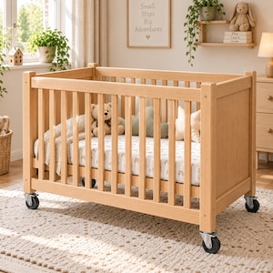 May include: A light-coloured wooden baby cot with vertical slats and four black caster wheels. Inside the cot is a mattress with a white sheet featuring a small rainbow pattern, a tan teddy bear, a green plush toy, and a white star-shaped pillow.