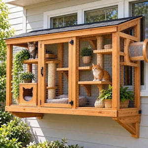 DIY Window Catio Plans with Climbing Shelves, Scratching Post & Removable Tunnel