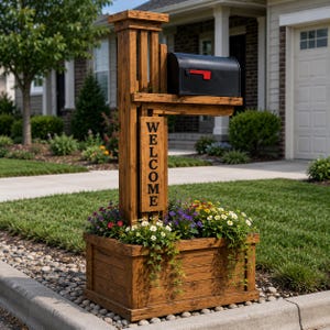 Puede incluir: Un poste de buzón de madera con una jardinera rectangular en la base, que incluye un buzón de metal negro con una bandera roja y un letrero vertical de madera con la palabra WELCOME en letras negras, rodeado de flores moradas, blancas y amarillas.