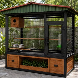 Puede incluir: Una gran pajarera exterior con marco de metal negro, paredes de malla de alambre y techo verde. Incluye una caja nido de madera, perchas horizontales, dos cuencos de metal para comida y un bebedero. La base cuenta con armarios de madera.