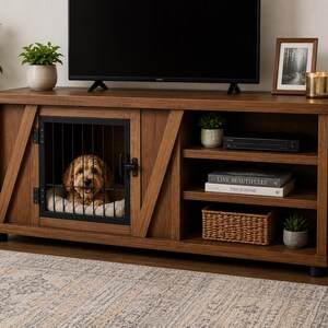 May include: A brown wooden media console featuring a built-in dog crate with a black metal barred door on the left side and three open storage shelves on the right. A small golden-brown dog is resting inside the crate on a white cushion.