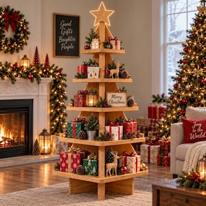 Könnte beinhalten: Ein fünfstöckiges Weihnachtsbaum-Präsentationsregal aus Holz, gekrönt von einem leuchtenden Stern. Die Ebenen sind mit verschiedenen Geschenkpaketen, kleinen Tannenbäumen, Hirschfiguren, einer Laterne und einem Merry Christmas-Schild bestückt.