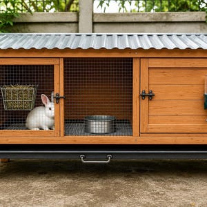 May include: A wooden rabbit hutch with a corrugated metal roof, wire mesh panels, and a solid wood door. The enclosure features a metal hay rack, a silver bowl, a water bottle, and a removable tray with a handle, housing a small white rabbit.