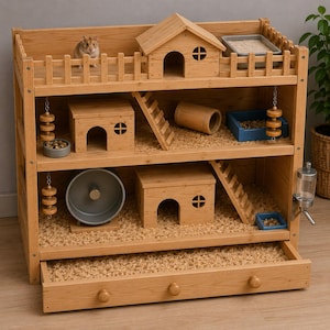 May include: A three-story wooden hamster cage featuring a light brown finish, multiple levels, and a pull-out bottom drawer. The structure includes small wooden houses, ladders, a gray exercise wheel, hanging wooden toys, and a water bottle.