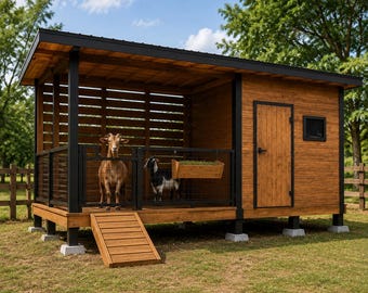 May include: A wooden goat shelter with a black metal frame, featuring an open-air enclosure with wire mesh fencing, a solid door, a small ramp, and a mounted feeding trough. Two goats stand inside the structure, which is elevated on concrete blocks.