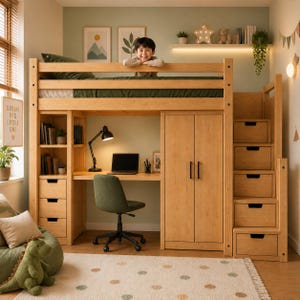 Puede incluir: Una cama alta de madera clara con escritorio integrado, un armario de dos puertas y una escalera con cinco cajones de almacenamiento. El área del escritorio incluye una lámpara de mesa negra y un portátil, junto a una silla giratoria verde.