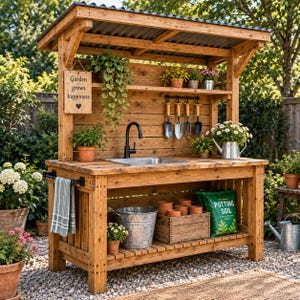 May include: A wooden outdoor potting bench with a corrugated metal roof, a built-in sink, and a faucet. It features a shelf with hanging garden tools, a sign reading Garden grows happiness, a metal bucket, a wooden crate, and a bag of potting soil.