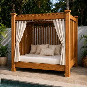Puede incluir: Una cama de día para exteriores de madera con techo y paneles laterales de listones, equipada con un colchón blanco grueso y varios cojines beige. La estructura incluye una barra de metal con cortinas color crema a ambos lados del frente.