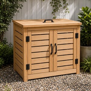 May include: A rectangular wooden storage cabinet with a slatted design, featuring two front doors with black metal handles and hinges. The top lid includes a black handle, and the natural light brown wood grain is visible throughout the structure.