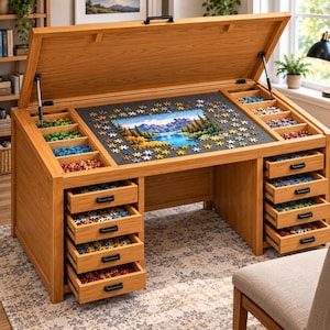 May include: A light brown wooden puzzle table with a large hinged lid, a central gray work surface featuring a mountain lake landscape puzzle, and multiple integrated storage drawers and compartments filled with assorted puzzle pieces.