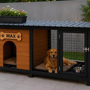 May include: A large dog kennel with a black metal frame and a corrugated roof. The structure features a wooden-paneled enclosed area with a bone-shaped sign reading MAX, and an adjacent wire-mesh crate section containing a golden dog on a mat.