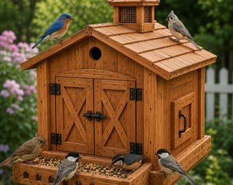May include: A wooden birdhouse with a barn-style design, featuring double doors with black metal hinges and a latch, a roof cupola, and a wide feeding tray filled with seeds. Six birds of various species are perched on the roof and tray.