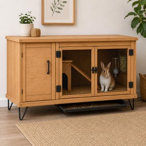 May include: A light oak wood rabbit hutch featuring a solid door on the left and two wire mesh doors on the right. The enclosure sits on black metal hairpin legs and includes a pull-out tray underneath, a wooden ramp, and a water bottle.