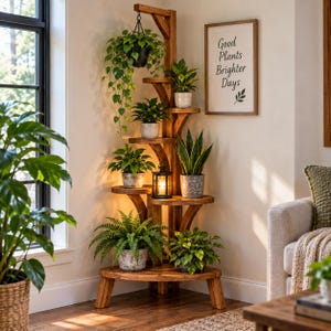 Puede incluir: Un soporte esquinero de madera de varios niveles con acabado marrón oscuro. Cuenta con varios estantes que sostienen diversas plantas verdes en macetas y un pequeño farol negro. Un cartel enmarcado en la pared dice Good Plants Brighter Days.