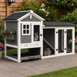 May include: A two-story gray and white wooden rabbit hutch with a black shingled roof, a window, a flower box, a pull-out tray, and wire mesh enclosures. Two brown rabbits are visible inside the structure, one on the upper level and one below.
