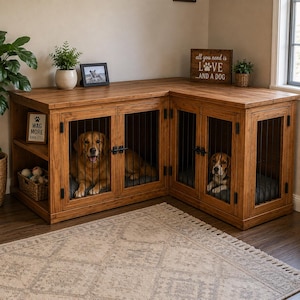 Puede incluir: Un mueble jaula para perros de madera en forma de L con dos compartimentos separados con barrotes y pestillos de metal negro. Un golden retriever está sentado en la sección izquierda y un beagle en la derecha. La superficie superior tiene un marco de fotos y un letrero que dice all you need is LOVE AND A DOG.