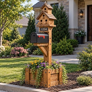 May include: A wooden mailbox post featuring a multi-level birdhouse at the top, a black metal mailbox with a red flag, and a rectangular address plaque displaying the number 1234. The base is a wooden planter box filled with colorful flowers.
