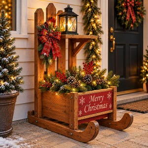 Könnte beinhalten: Ein dekorativer Holzschlitten mit einer roten Frontplatte und der weißen Aufschrift Merry Christmas, verziert mit Tannenzweigen, roten Beeren, Tannenzapfen, einer karierten Schleife und einer schwarzen Laterne, beleuchtet durch warmweiße Lichter.