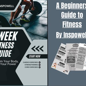 May include: A fitness guide with the text "4 Week Fitness Guide" and "Transform Your Body, Unleash Your Power." The guide includes cardio, strengthening, and core exercises. The image also includes the text "A Beginners Guide to Fitness By Inspowell."