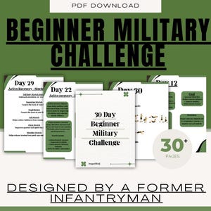 Könnte beinhalten: Ein digitaler Download mit dem Titel "Beginner Military Challenge" mit dem Text "30+ Seiten". Das Design weist ein grünes und weißes Farbschema auf. Der Text "Designed by a former infantryman" steht unten.