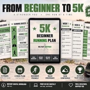 May include: A digital tablet displaying a 5K beginner running plan with military inspired text. The screen shows an 8-week program guide with sections for mission brief, running basics, week 1 foundation, week 8 race ready, and a pace guide.
