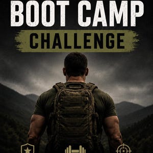 Może przedstawiać: Plakat zatytułowany 30 DAY BOOT CAMP CHALLENGE przedstawiający osobę z plecakiem stojącą przed górami. Poniżej trzy ikony z tekstem: NO EXCUSES JUST DISCIPLINE, BUILD STRENGTH AND ENDURANCE, STAY FOCUSED STAY CONSISTENT. Tekst na dole: 30 DAYS TO A STRONGER YOU.
