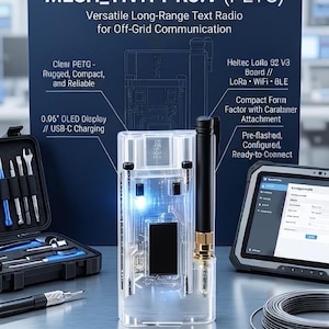 May include: A clear PETG MESH_TIVITY R3.V long-range text radio for off-grid communication. Features include a 0.96 inch OLED display, USB-C charging, and a Heltec LoRa V3 board with LoRa, WiFi, and BLE. The device has a compact form with a carabiner attachment.