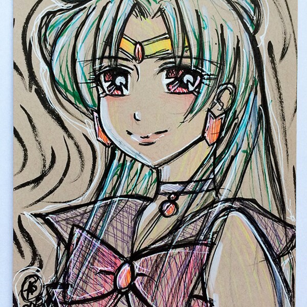 Sailor Pluto Art Original Illustration 5.75 in x 8.5 in - Anime Manga Style Fanart Sailor Moon Setsuna Meioh Sailor Moon - OOAK Quick Sketch