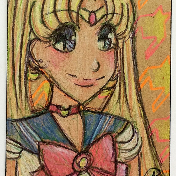 Original ACEO 2.5 in x 3.5 in - Anime Manga Style Fanart Neon Houndstooth Sailor Moon - OOAK ATC Illustration Sketch Card