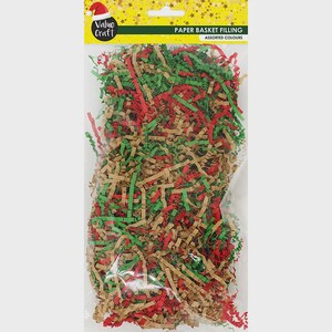 May include: A clear plastic bag containing shredded paper basket filling in red, green, and brown colours. The header card features the text Value Craft, PAPER BASKET FILLING, and ASSORTED COLOURS, along with a small illustration of a Santa hat.