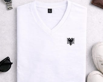 Albanian Double-Headed Eagle Chest Emblem V-Neck Tee