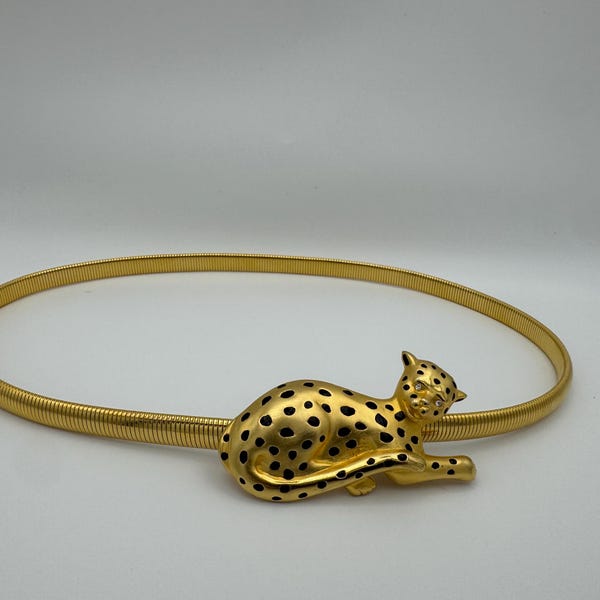 Cintura vintage Doreen Ryan con stampa leopardata dorata – Catena in vita leopardata glamour anni '90