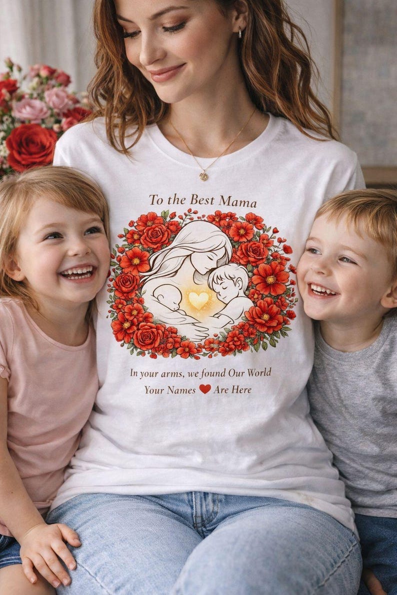 Mothers Day Shirt Gift, Red Floral Mom Tee, Family Love Shirt image 2