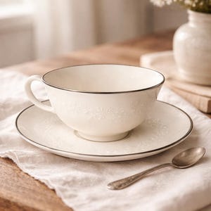 May include: Cream-colored teacup and saucer set with a delicate floral pattern and silver trim. A small, antique-style spoon rests on a white linen napkin. The teacup is on a wooden table, with a vase of flowers in the background.