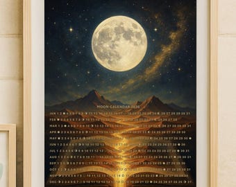 May include: Framed 2026 Moon Calendar art print. The image features a full moon in a starry night sky above mountains and a golden waterfall. The calendar dates are listed below the waterfall.