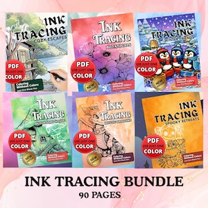 Puede incluir: Un paquete de seis libros para colorear Ink Tracing con varios temas, incluyendo Cozy Escapes, Botanicals, Winter Friends, Mushroom House, Mystic Dragons y Spooky Retreats. Cada portada presenta ilustraciones detalladas y el texto "PDF USE JUST ONE COLOR". El paquete incluye 90 páginas.