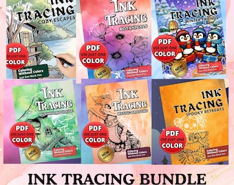 Ink Tracing Bundle | one color coloring | Cozy, Botanical, Dragon Designs (PDF PNG)